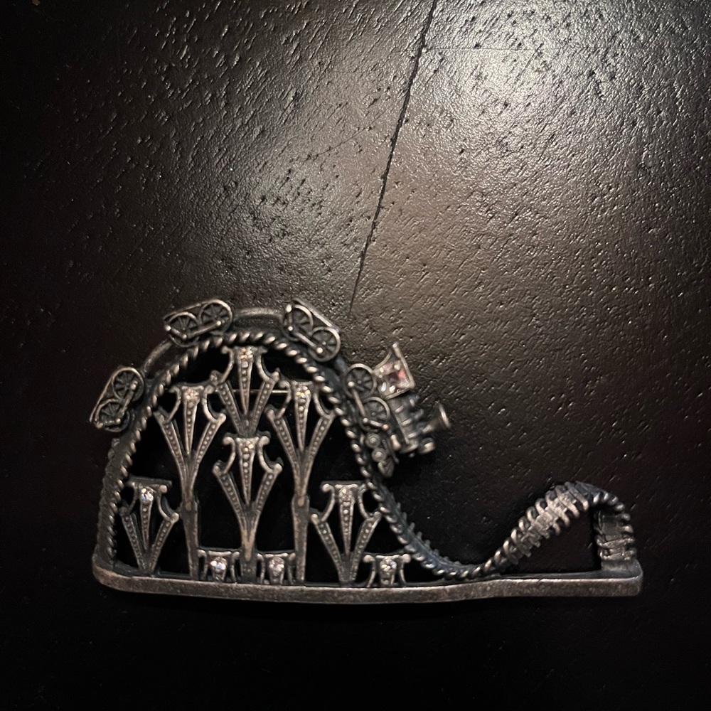 Vintage Silver Tone Roller Coaster Brooch with Steam Engine Train & Rhinestones